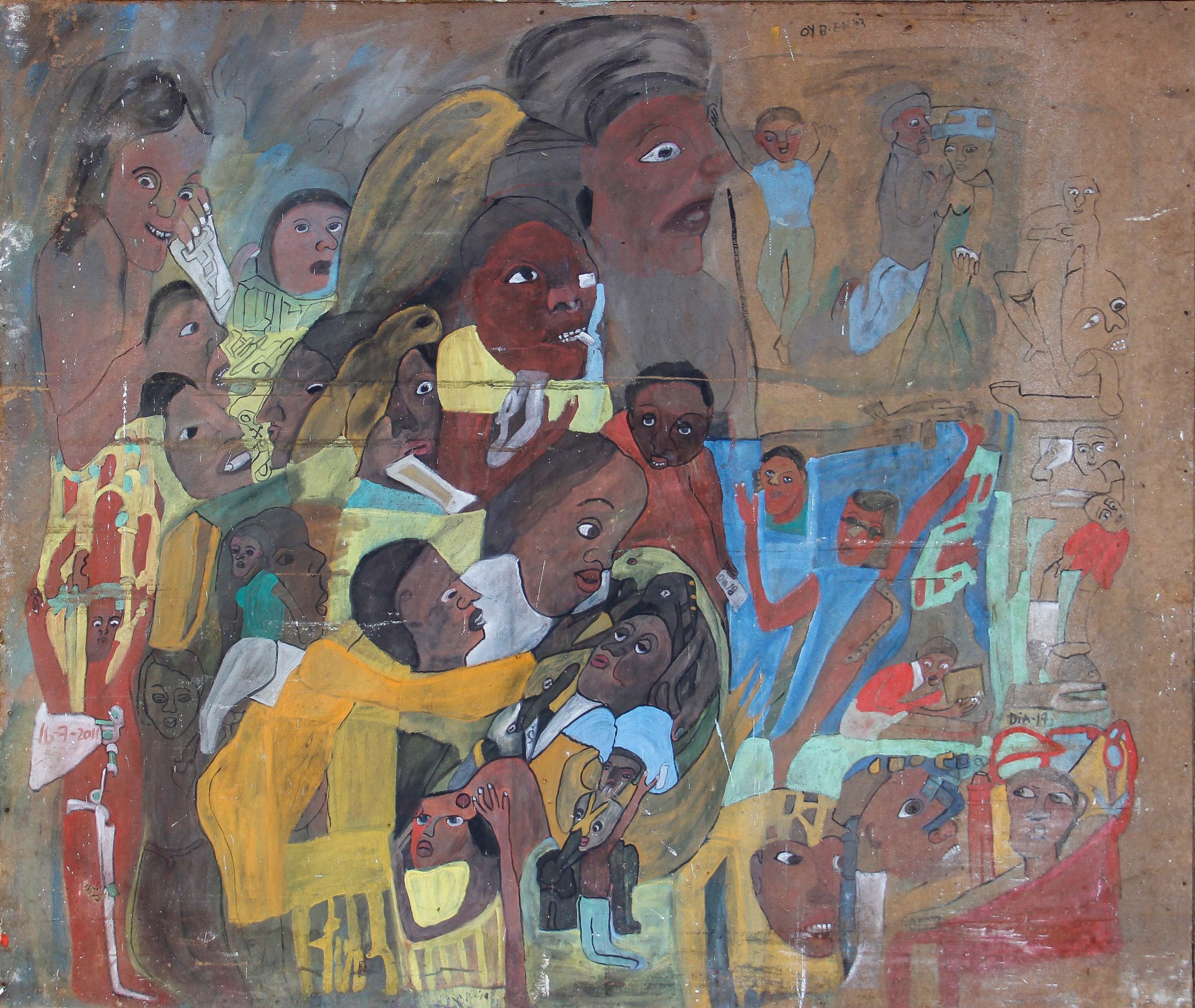 This is an untitled painting by Cuban artist Esperanza Conde Rodriguez that has been used as the cover of this years Afield Study Program. It is an image of a surreal and abstract painting with over 20 faces with brown and reddish skin tones. The faces and bodies emerge out of one another in a surreal way and are mostly looking towards the right side of the painting. The characters in the painting are wearing mostly bright yellow, sky blue and aqua green. The general tone of the painting is dark brown and red.